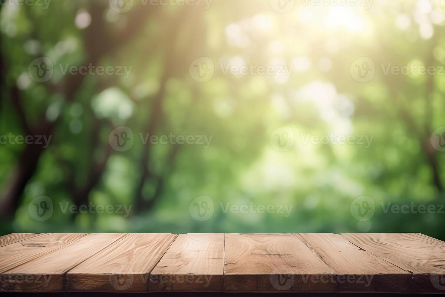 jardin tableau. en bois Contexte avec vert végétaux, des arbres et feuilles dans bokeh brouiller pour produit afficher ai généré photo