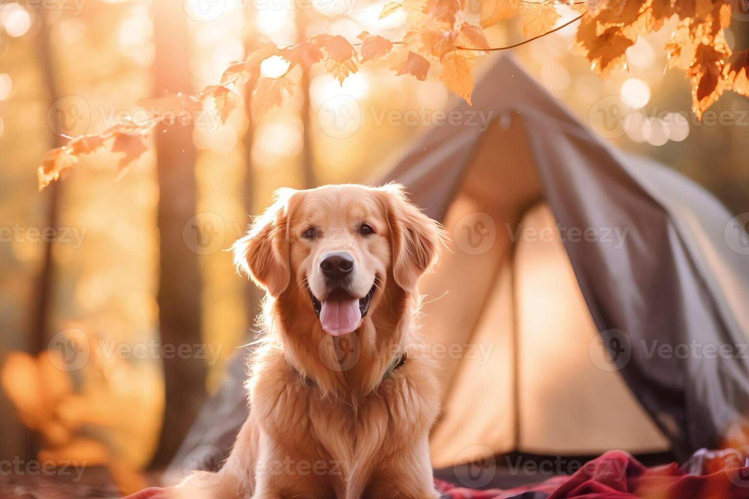 d'or retriever chien camping dans les bois dans de face de tente avec la nature Contexte et Matin lumière du soleil, génératif ai photo