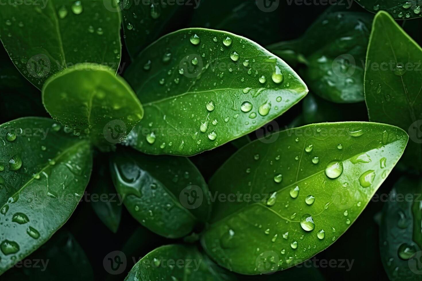 Haut vue Frais vert feuilles avec gouttes de pluie texture. ai généré photo