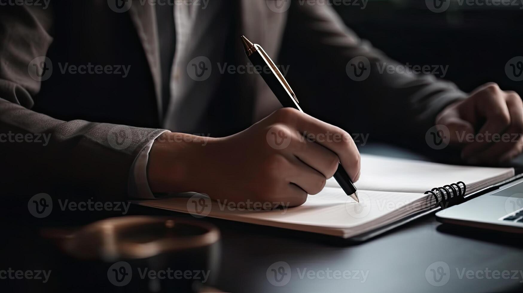 proche en haut de Jeune homme l'écriture dans carnet tandis que travail à bureau. génératif ai photo