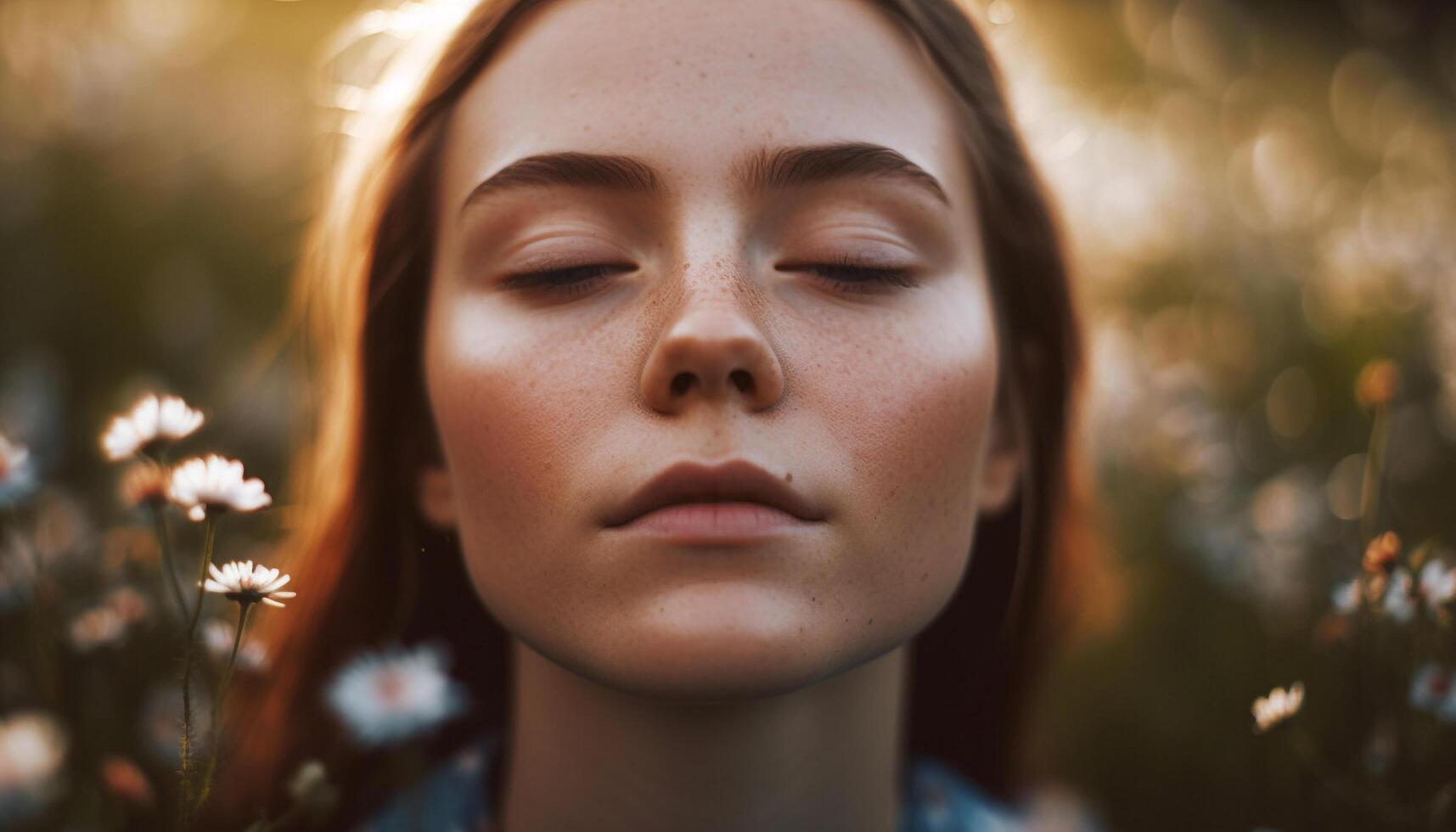 Jeune femme jouit la nature beauté à le coucher du soleil généré par ai photo