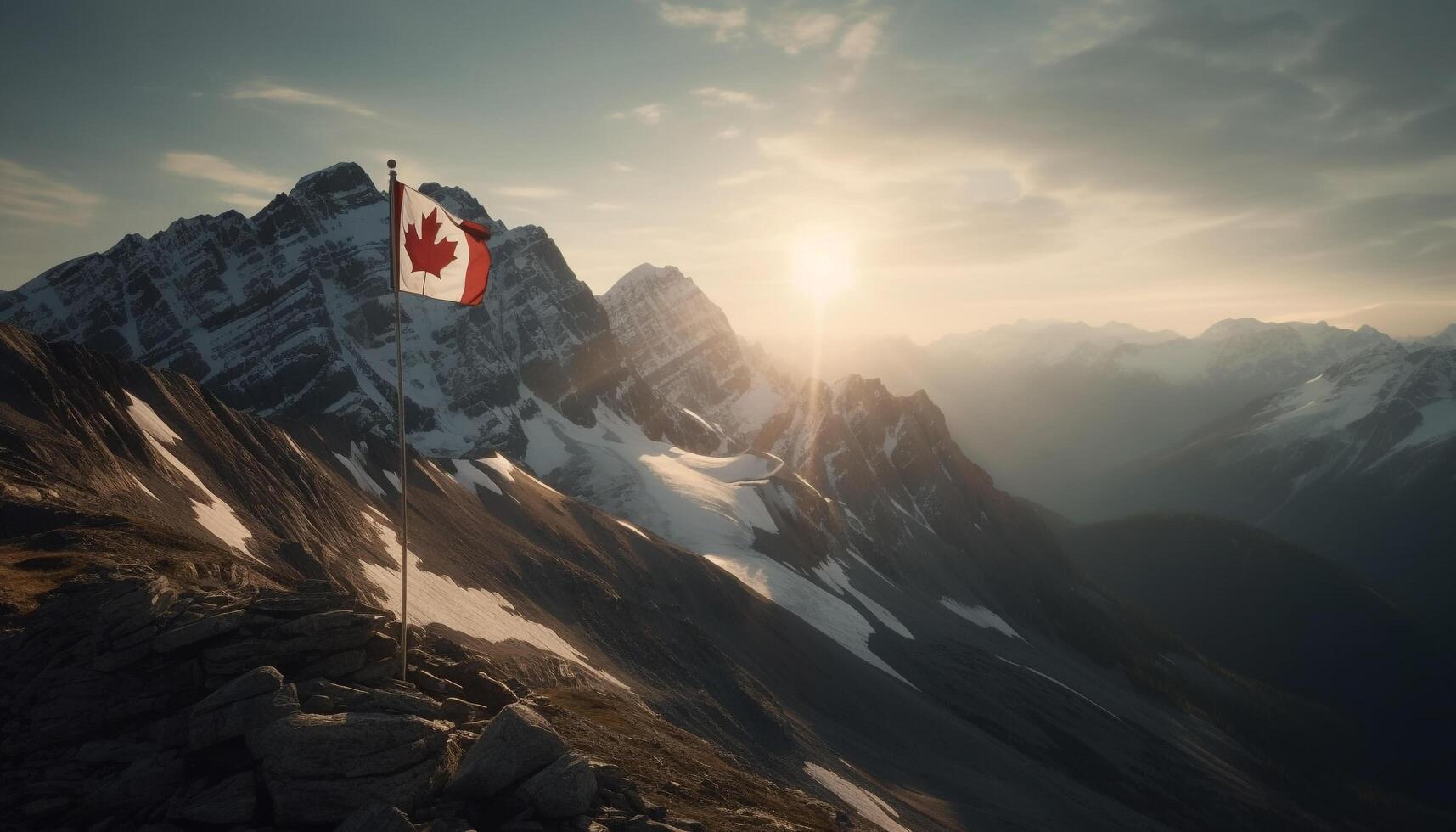 Montagne de pointe neige le coucher du soleil Roche randonnée généré par ai photo