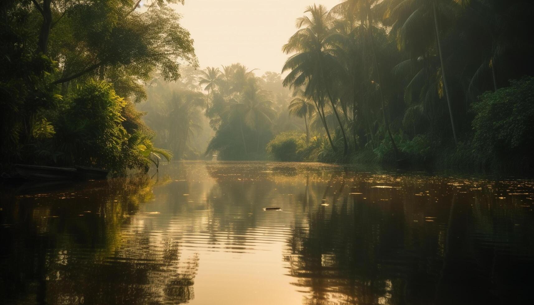 tranquille le coucher du soleil plus de tropical forêt tropicale et étang généré par ai photo