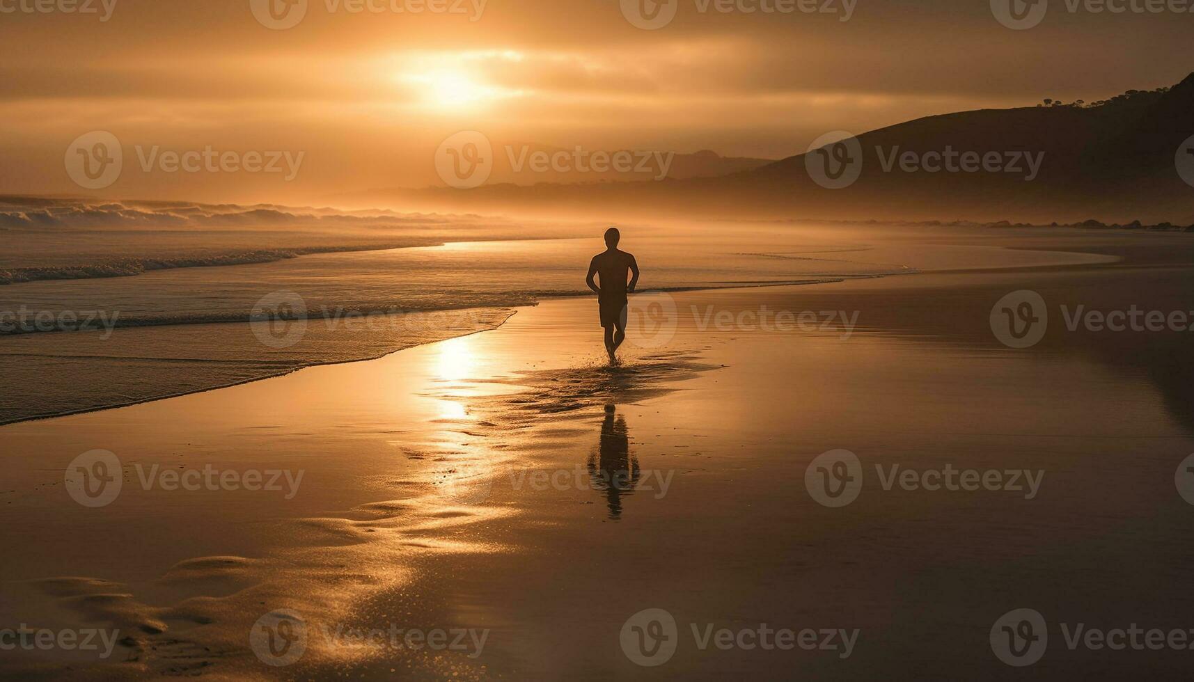silhouette de un la personne en marchant sur plage généré par ai photo
