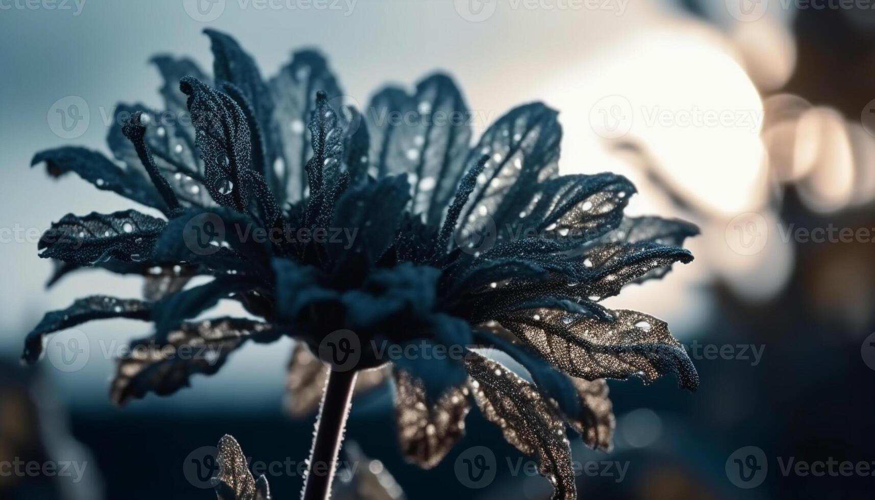 Frais rosée gouttes sur bleu fleur pétales généré par ai photo