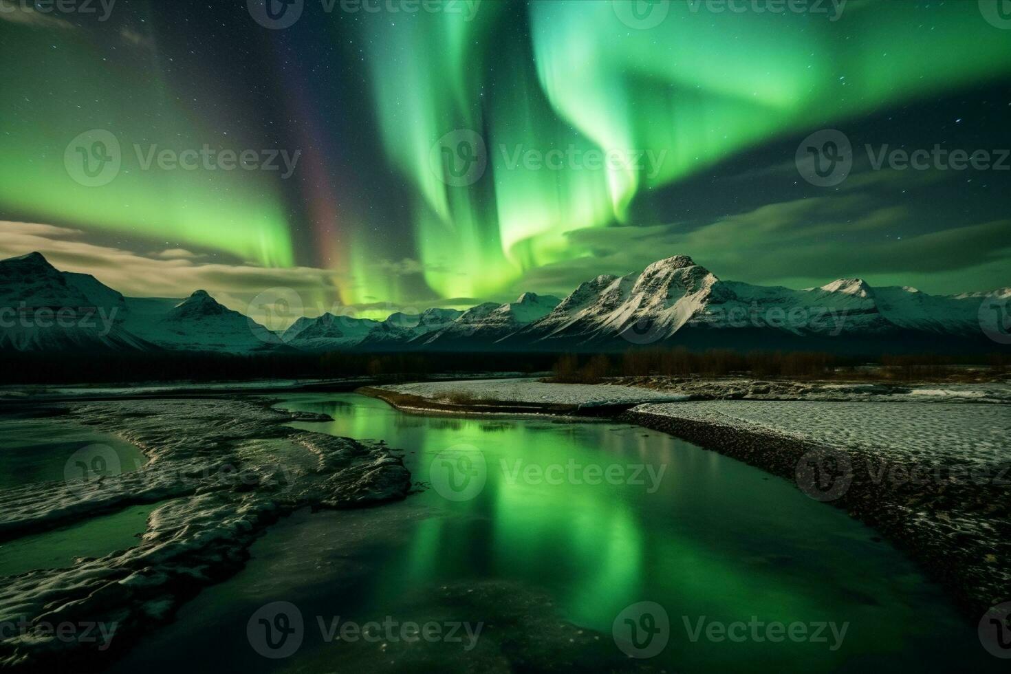 aurore paysage avec nord lumières, génératif ai photo