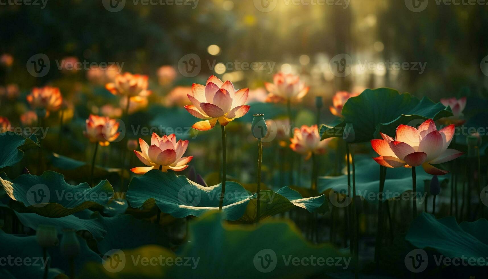 le lotus l'eau lis fleurs dans le tranquille étang génératif ai photo