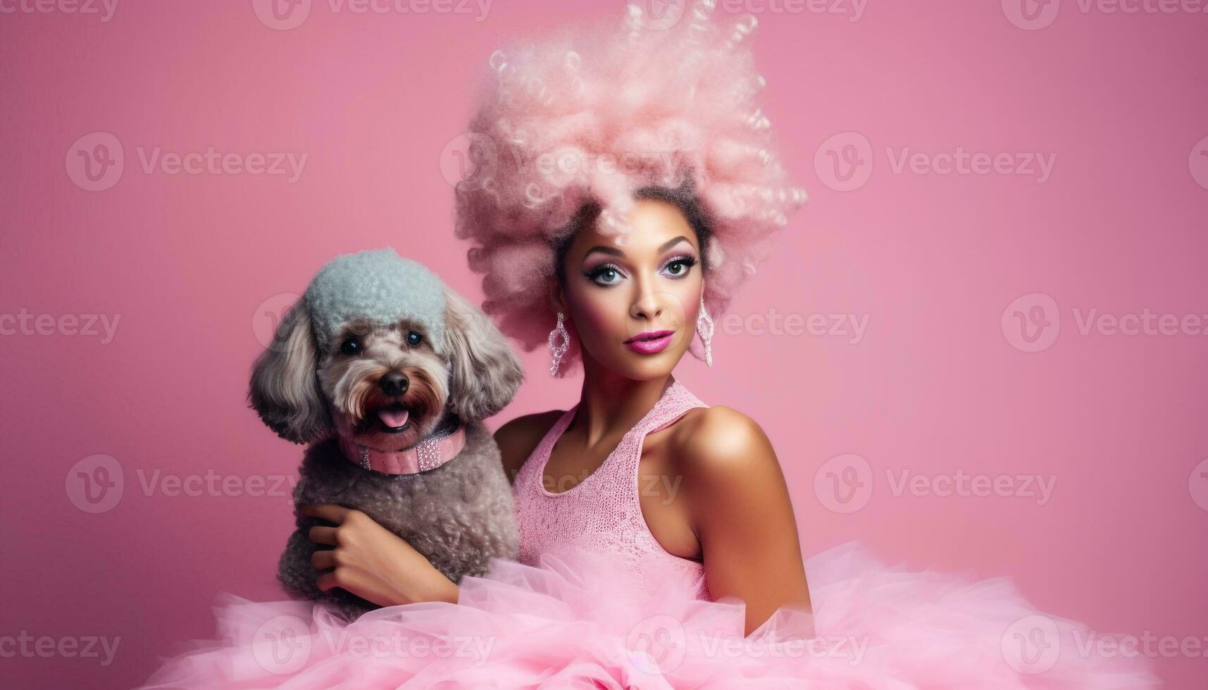 mignonne chien et femmes dans rose costume partager espiègle l'amour génératif ai photo