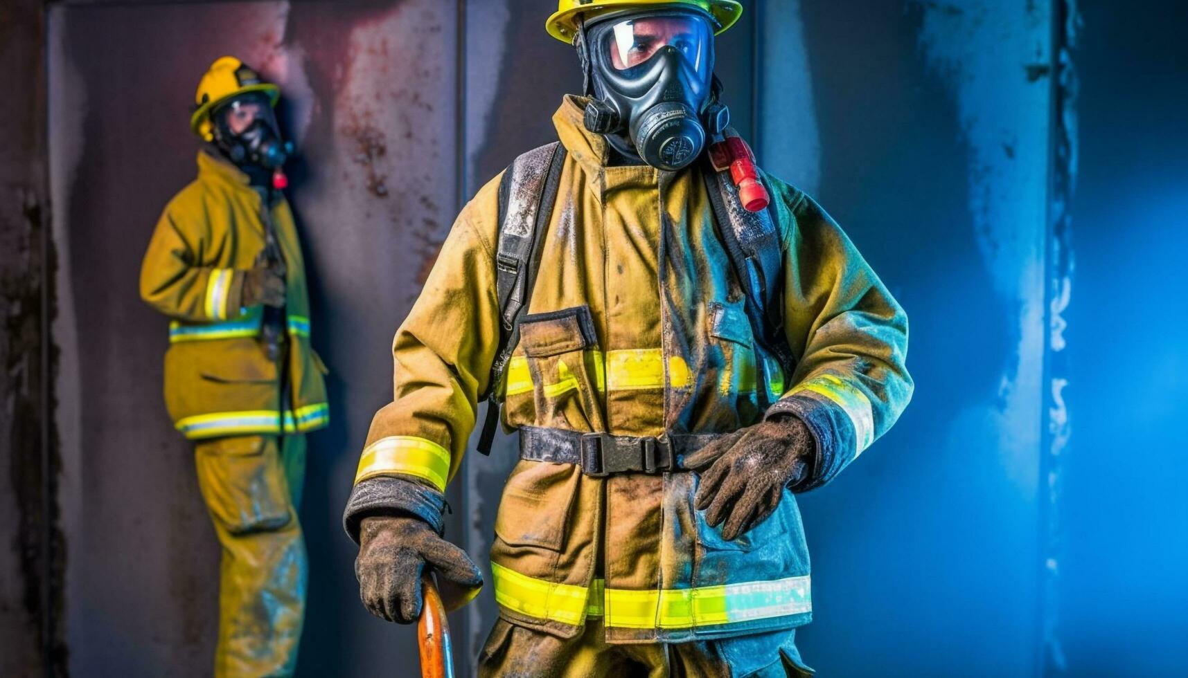 Hommes dans protecteur vêtements de travail et gaz masques bats toi brûlant la pollution généré par ai photo