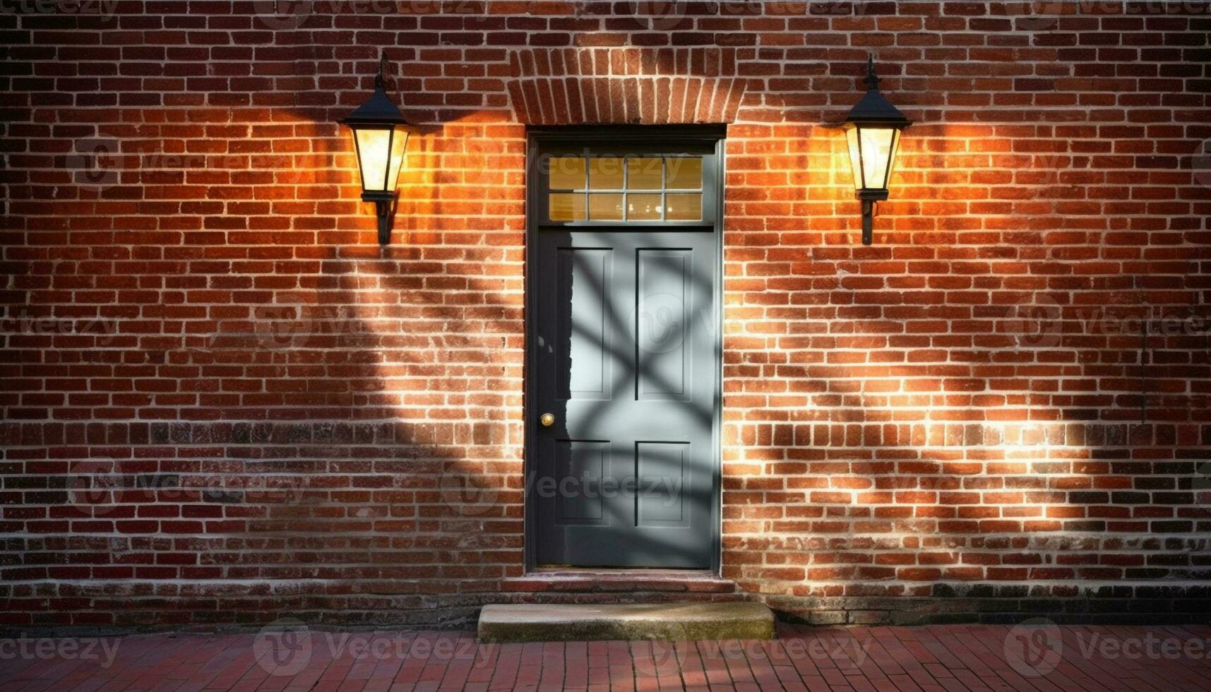 illuminé brique mur et lanterne créer élégant nuit toile de fond généré par ai photo