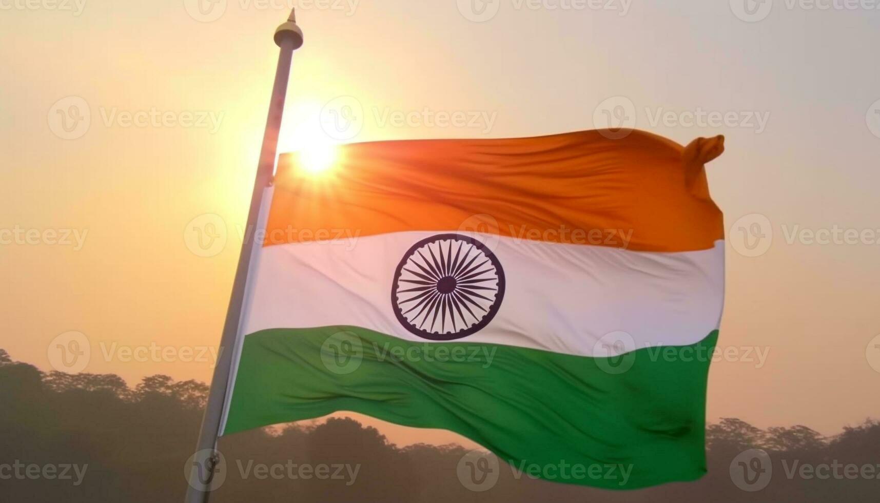 en volant Indien drapeau agitant dans fierté contre majestueux le coucher du soleil toile de fond généré par ai photo