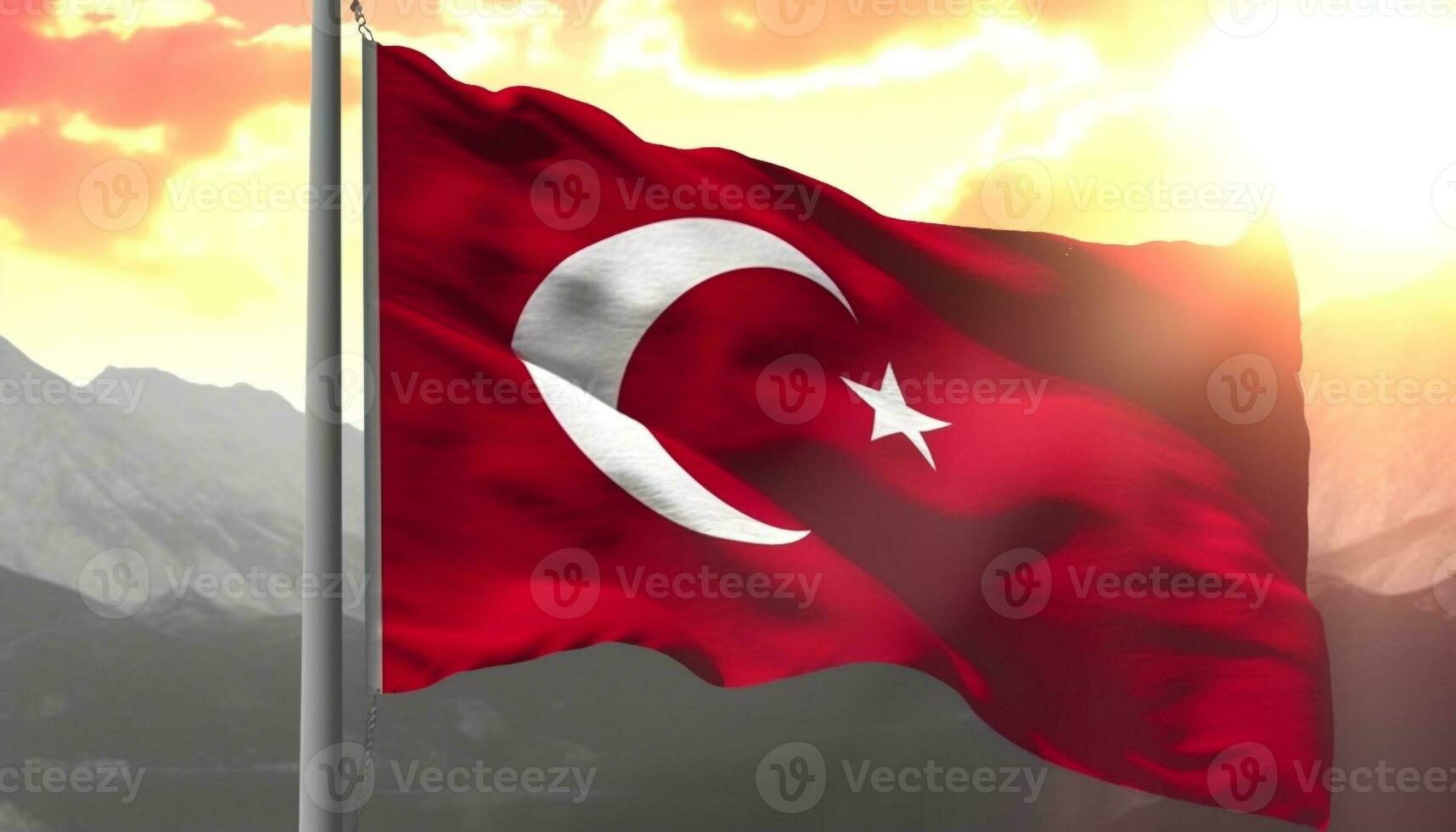 majestueux turc drapeau agitant dans le coucher de soleil, symbole de patriotisme généré par ai photo