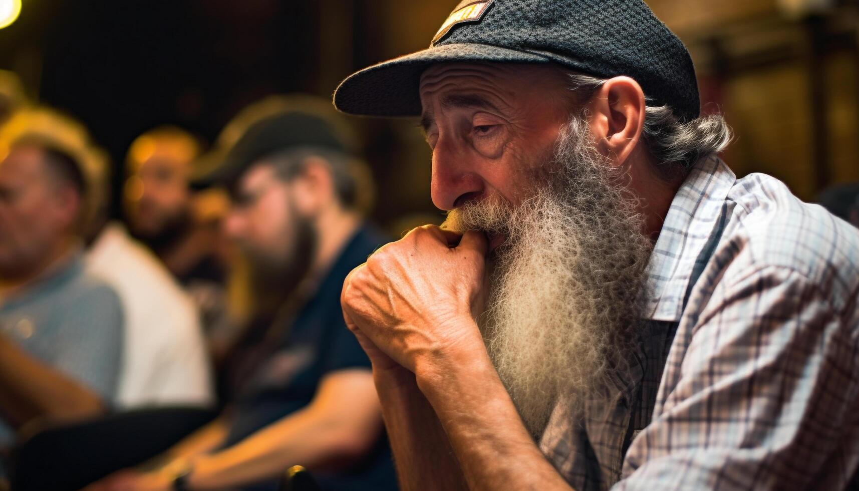 souriant Sénior homme dans casquette fête en plein air avec réel gens généré par ai photo