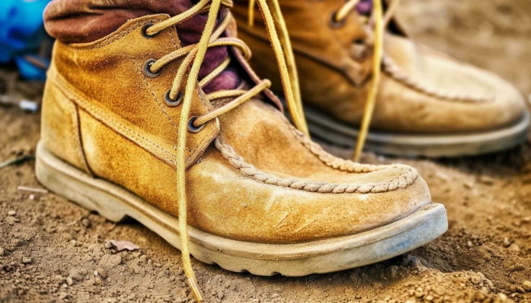 vieux cuir randonnée démarrage avec sale les lacets dans boueux la nature généré par ai photo