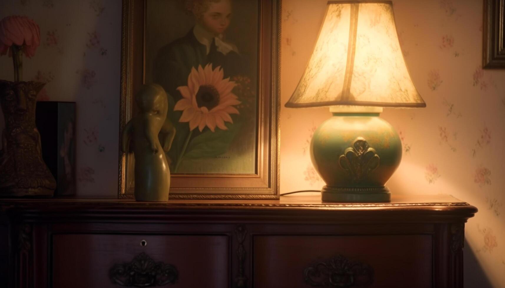 antique table avec fleuri vase, vieux façonné lampe, et rustique chaise généré par ai photo