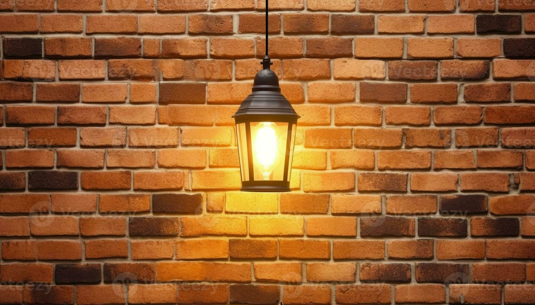 embrasé lanterne illumine rustique brique mur dans foncé Extérieur espace généré par ai photo