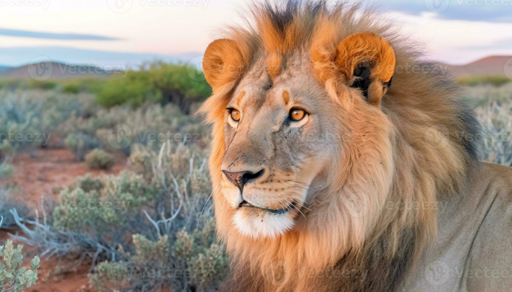 majestueux Lion cache dans plaine vue, vigilance dans le sien yeux généré par ai photo