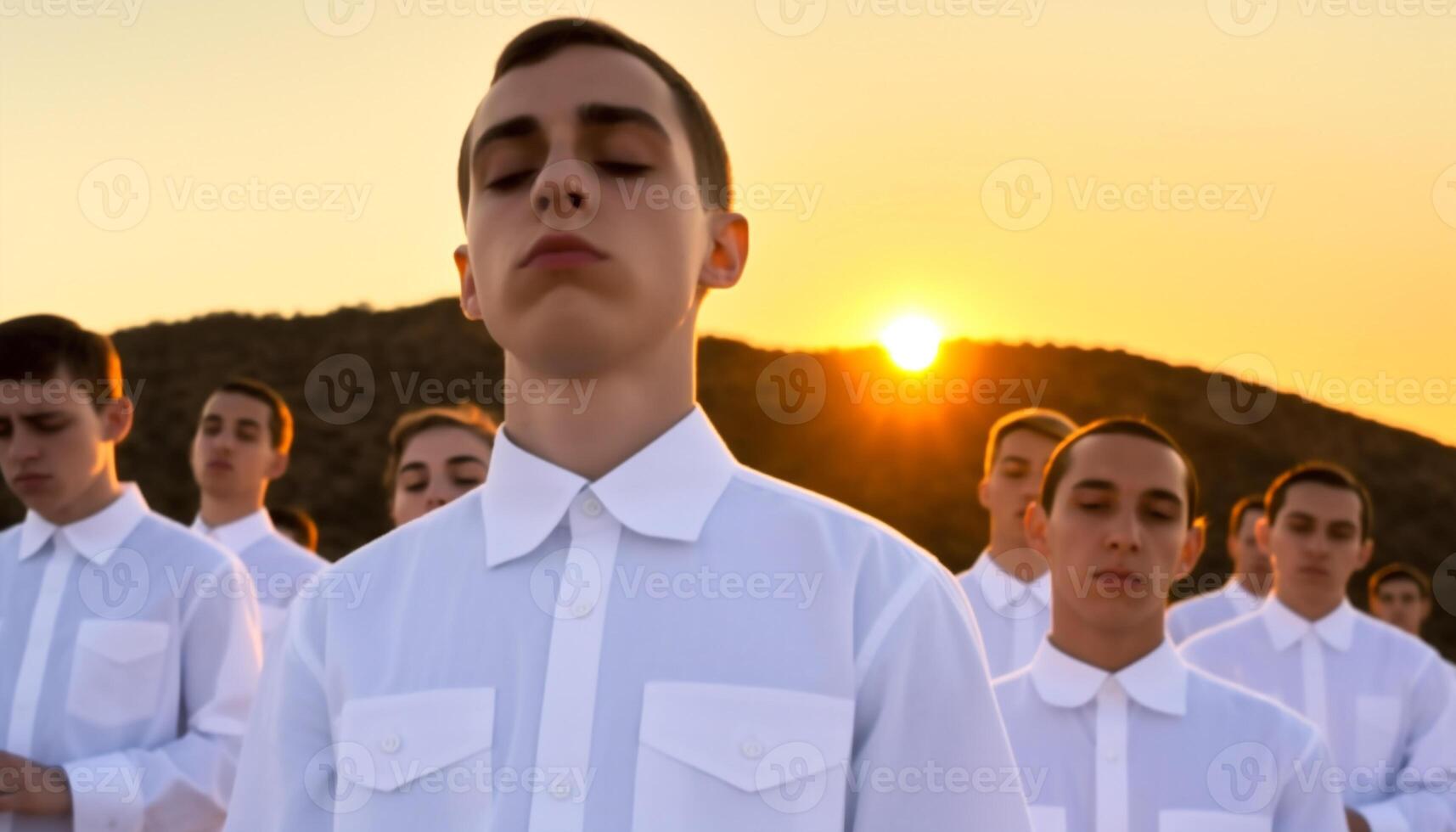 une groupe de Jeune Hommes permanent dans nature, souriant à le coucher du soleil généré par ai photo