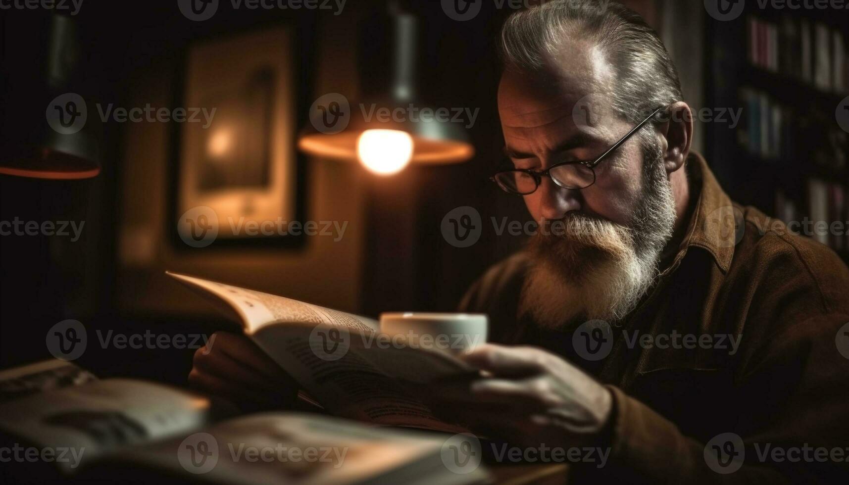 un mature homme en train de lire Bible, profiter café dans confortable bibliothèque généré par ai photo