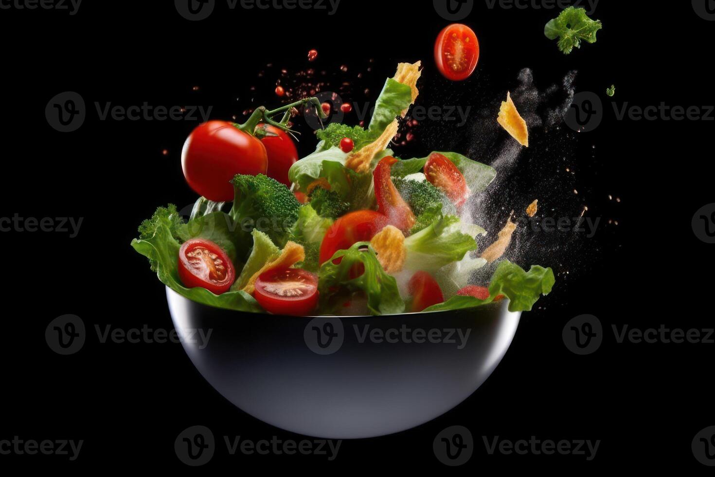 Stock photo de mélanger légume en volant par le air avec une bol éditorial nourriture la photographie génératif ai