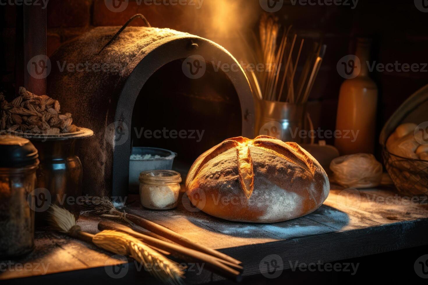 Stock photo de une cuire pain dans de face four et des trucs nourriture la photographie génératif ai