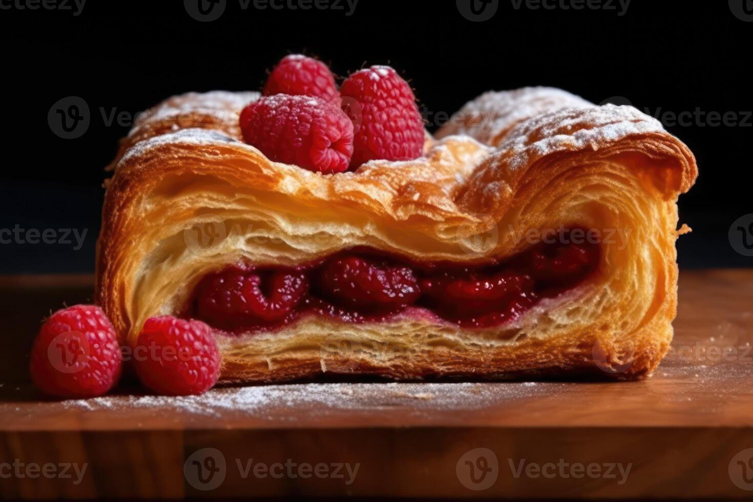 Stock photo de viennoiserie avec framboises viennoiserie sont français cuit nourriture la photographie génératif ai