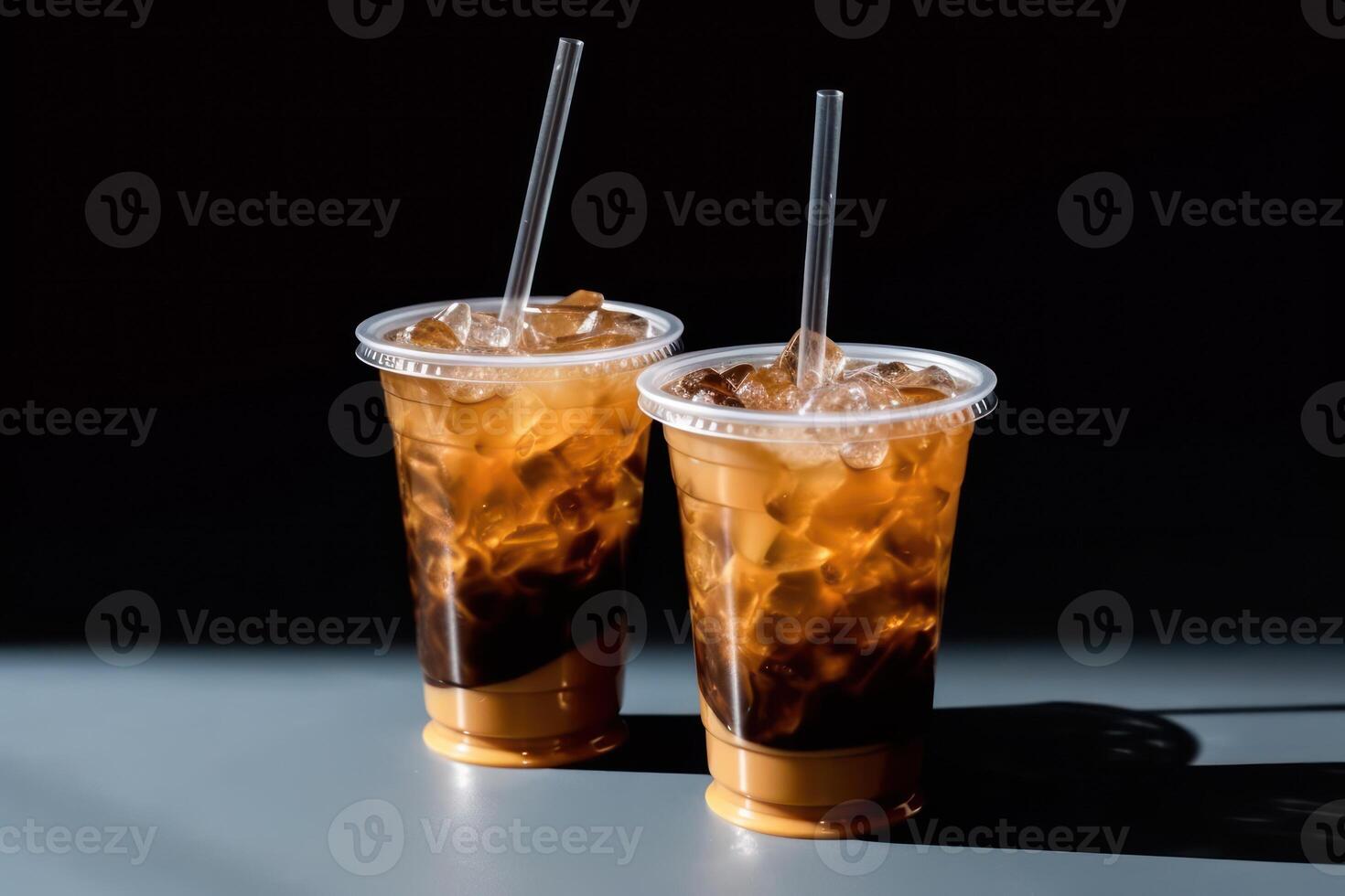 Stock photo de glacé café dans Plastique tasses avec paille isolé nourriture la photographie génératif ai