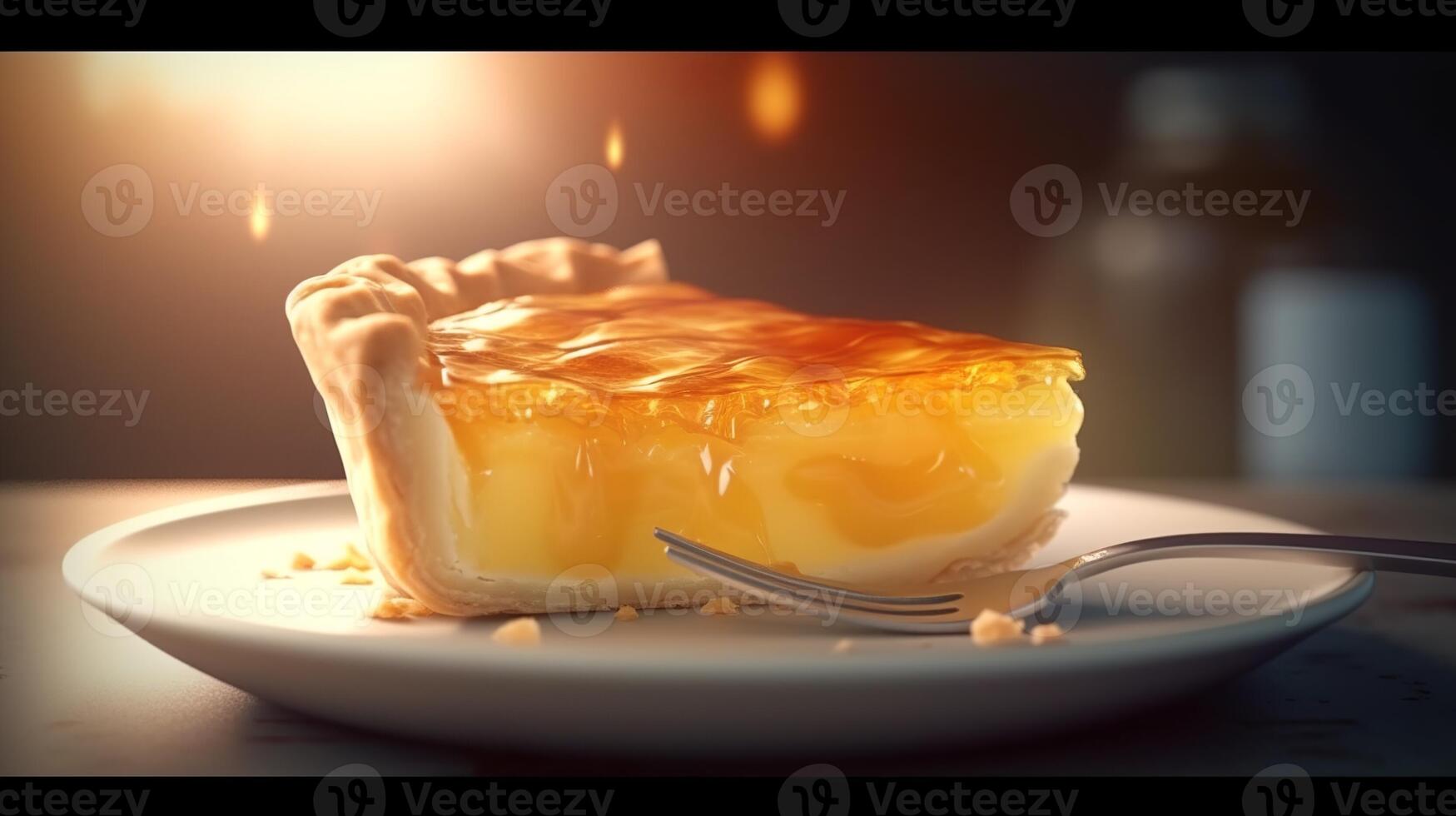 Stock photo de hyperréaliste portrait tranche de soyeux tarte dans assiette nourriture la photographie génératif ai