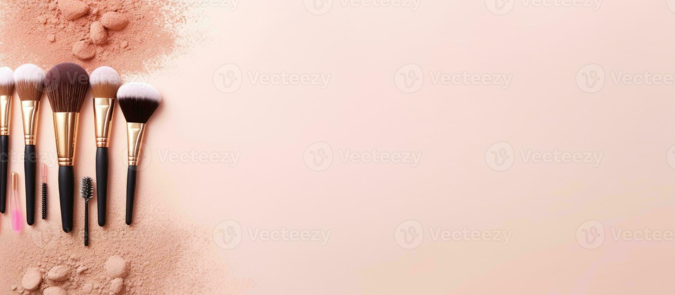 une ensemble de maquillage brosses et poudre sur une rose Contexte établi avec génératif ai La technologie photo