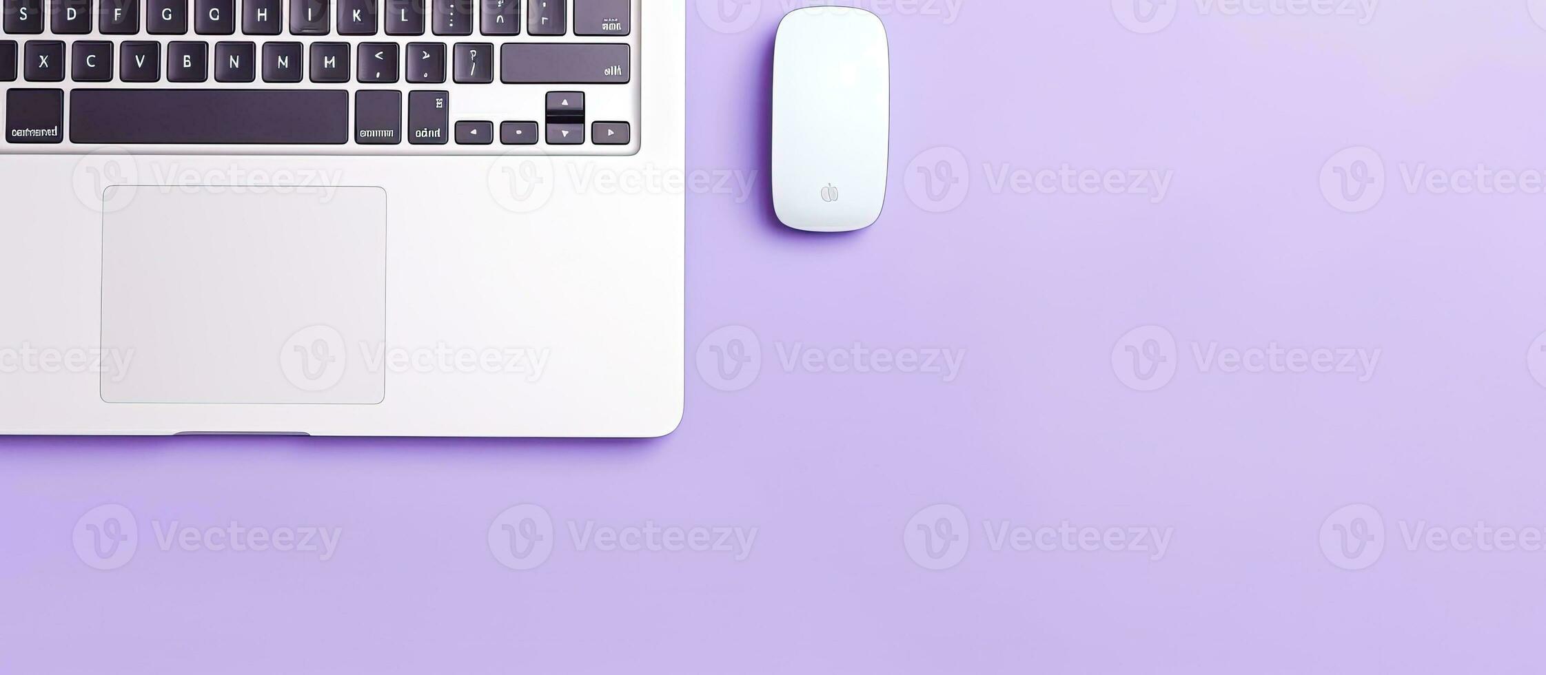 une portable ordinateur séance sur Haut de une violet table établi avec génératif ai La technologie photo