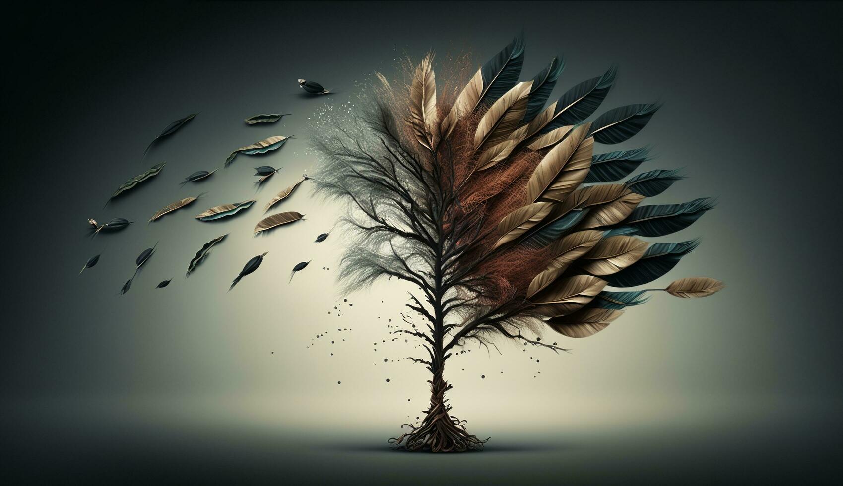 abstrait Contexte avec arbre et plume, ai généré photo