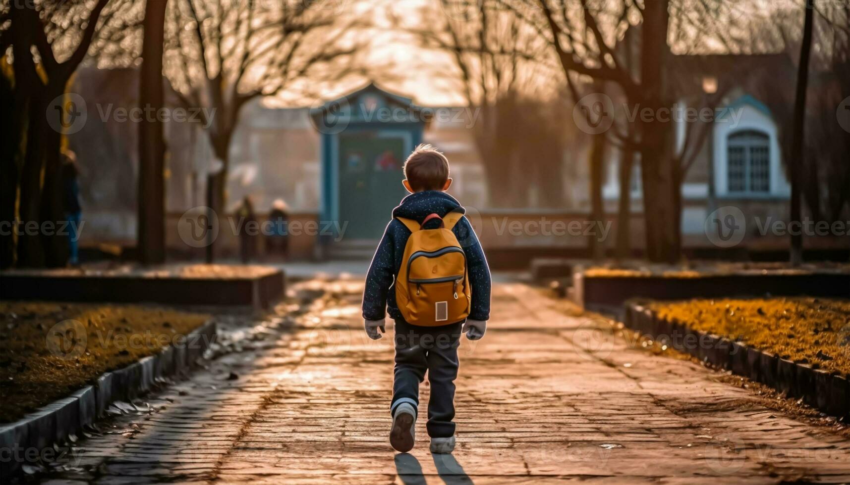 retour vue de écolier avec sac à dos permanent dans Salle de classe. retour à école concept photo