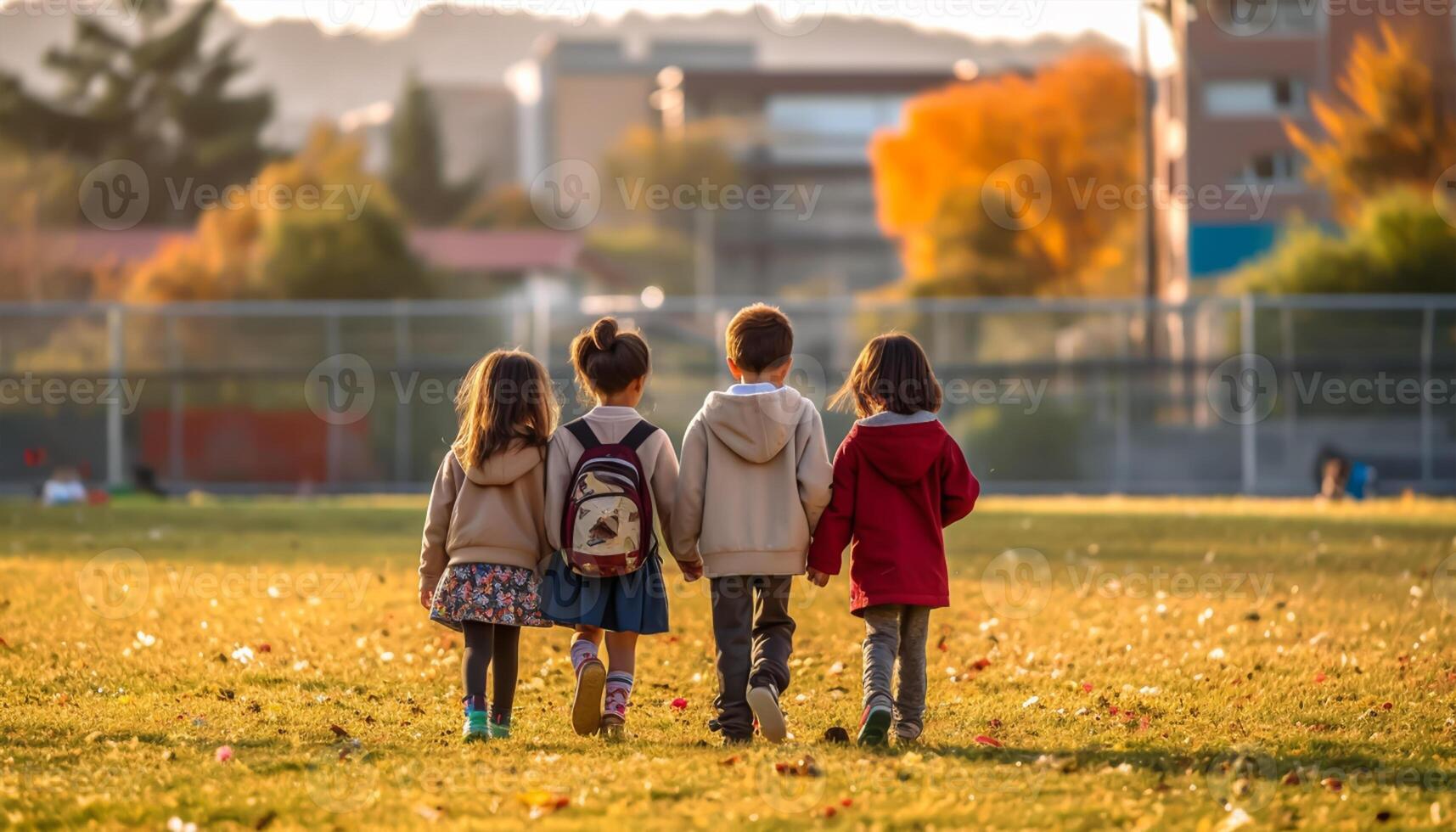 retour à école concept. école des gamins avec sacs à dos Aller à école, génératif ai photo