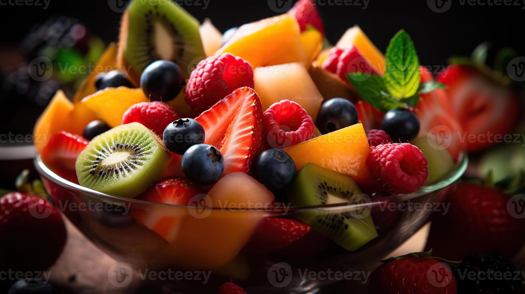 Frais fruit salade, proche en haut. génératif ai photo