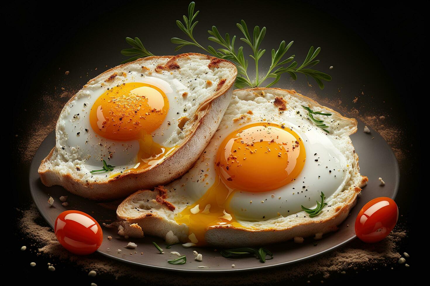 mi-cuit Côté ensoleillé en haut œufs, nourriture arrière-plan, généré par artificiel intelligence photo