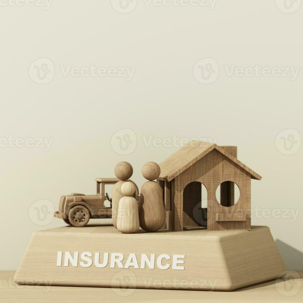 modèle de une en bois maison et une voiture avec une sur bois podium dans le concept de réel biens Assurance et famille financier futur Planification sur une blanc arrière-plan, dessin animé style. 3d le rendu. photo