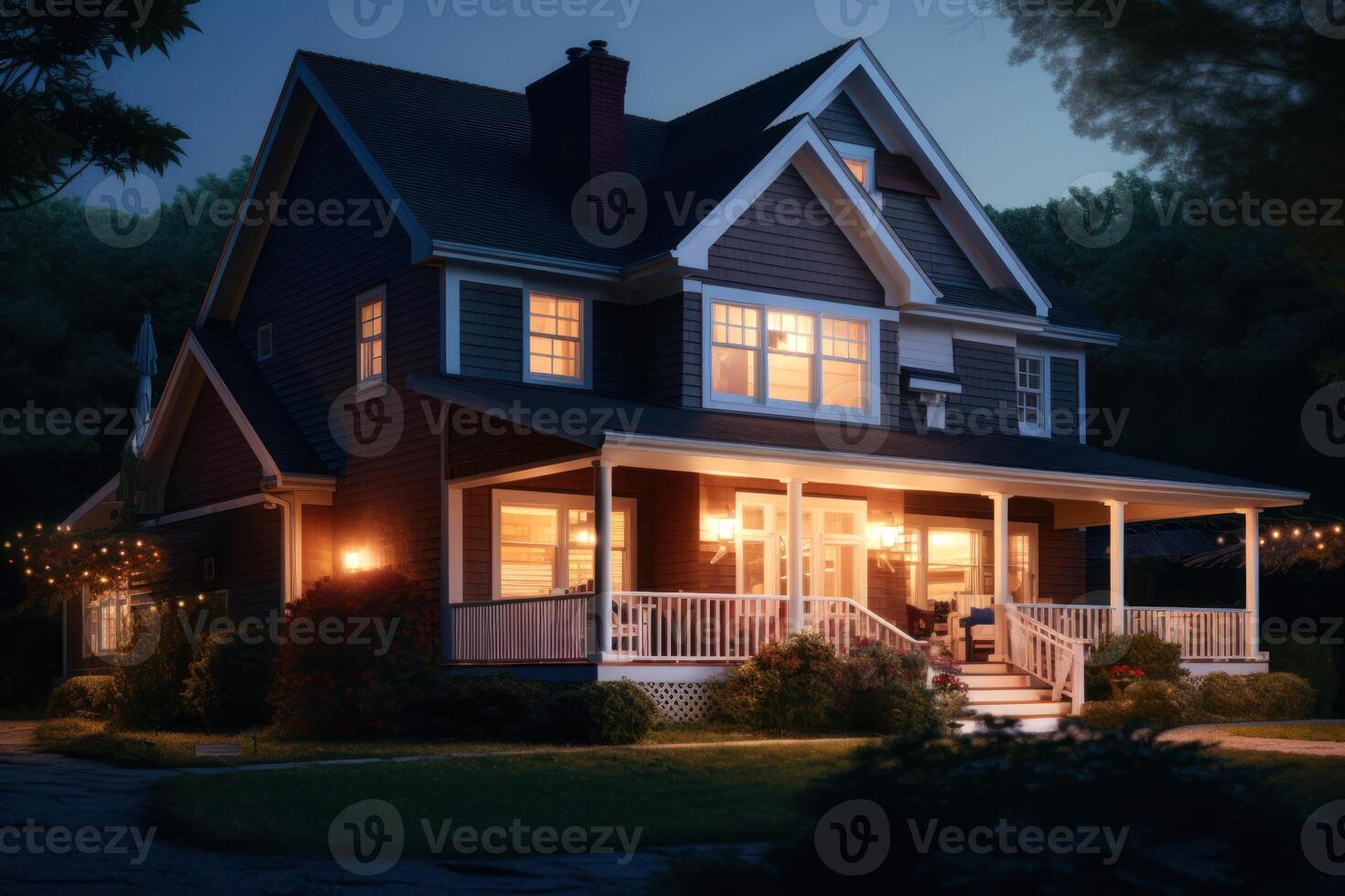 brillant lumière dans le les fenêtres et dans le Cour de une privé maison génératif ai photo