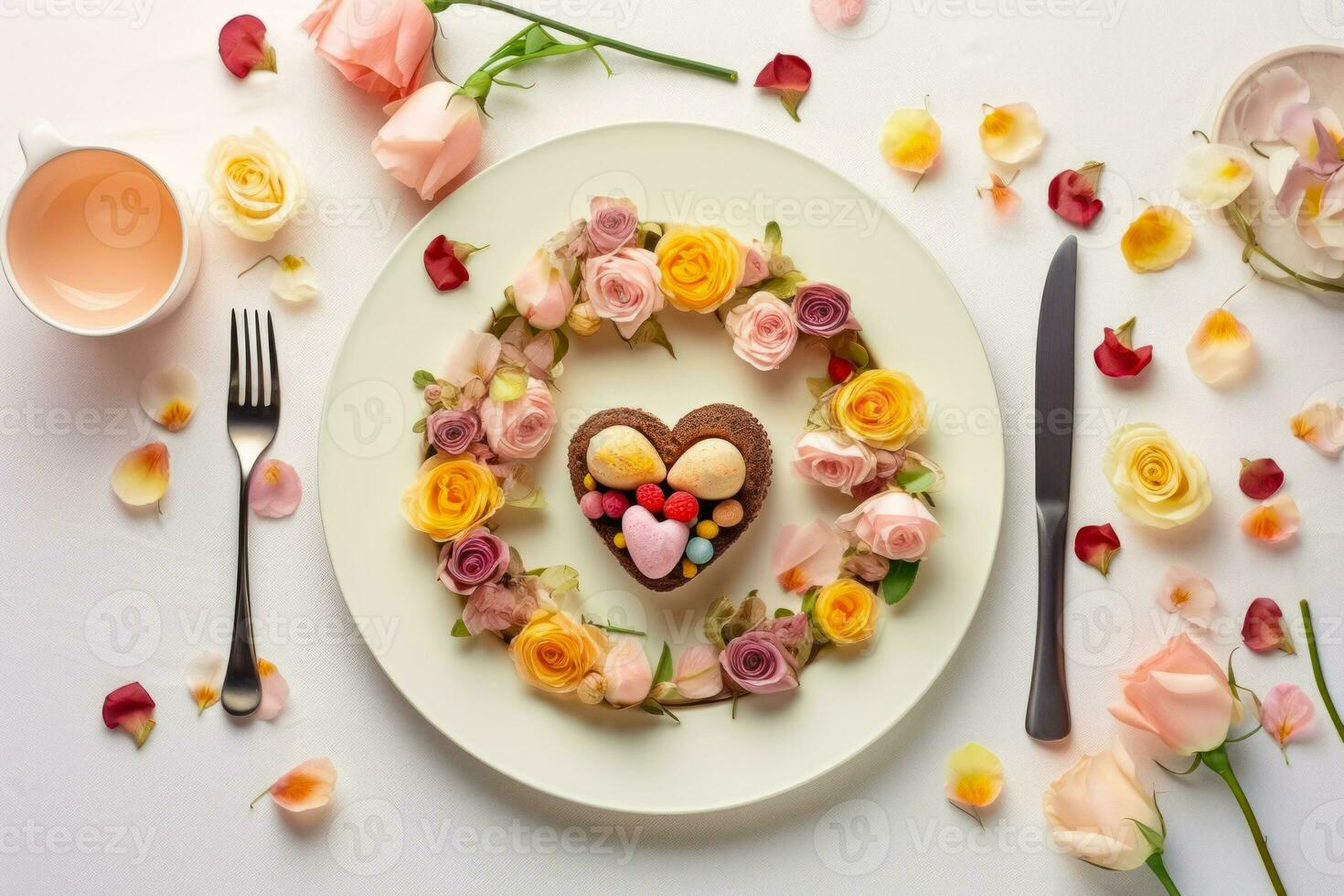 table réglage pour les amoureux avec rose fleurs et cœur Haut vue génératif ai photo