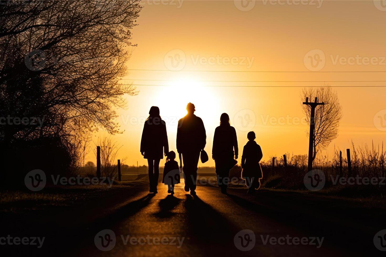 silhouettes de une famille en marchant le long de une pays route dans le soir génératif ai photo