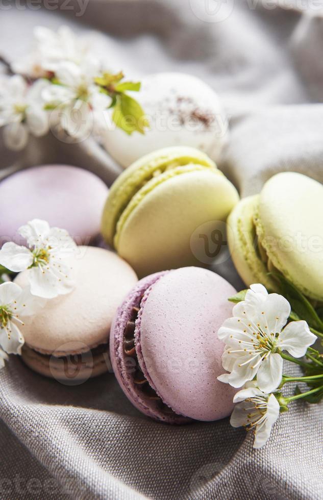 Variété colorée de macarons sucrés français sur fond textile gris photo