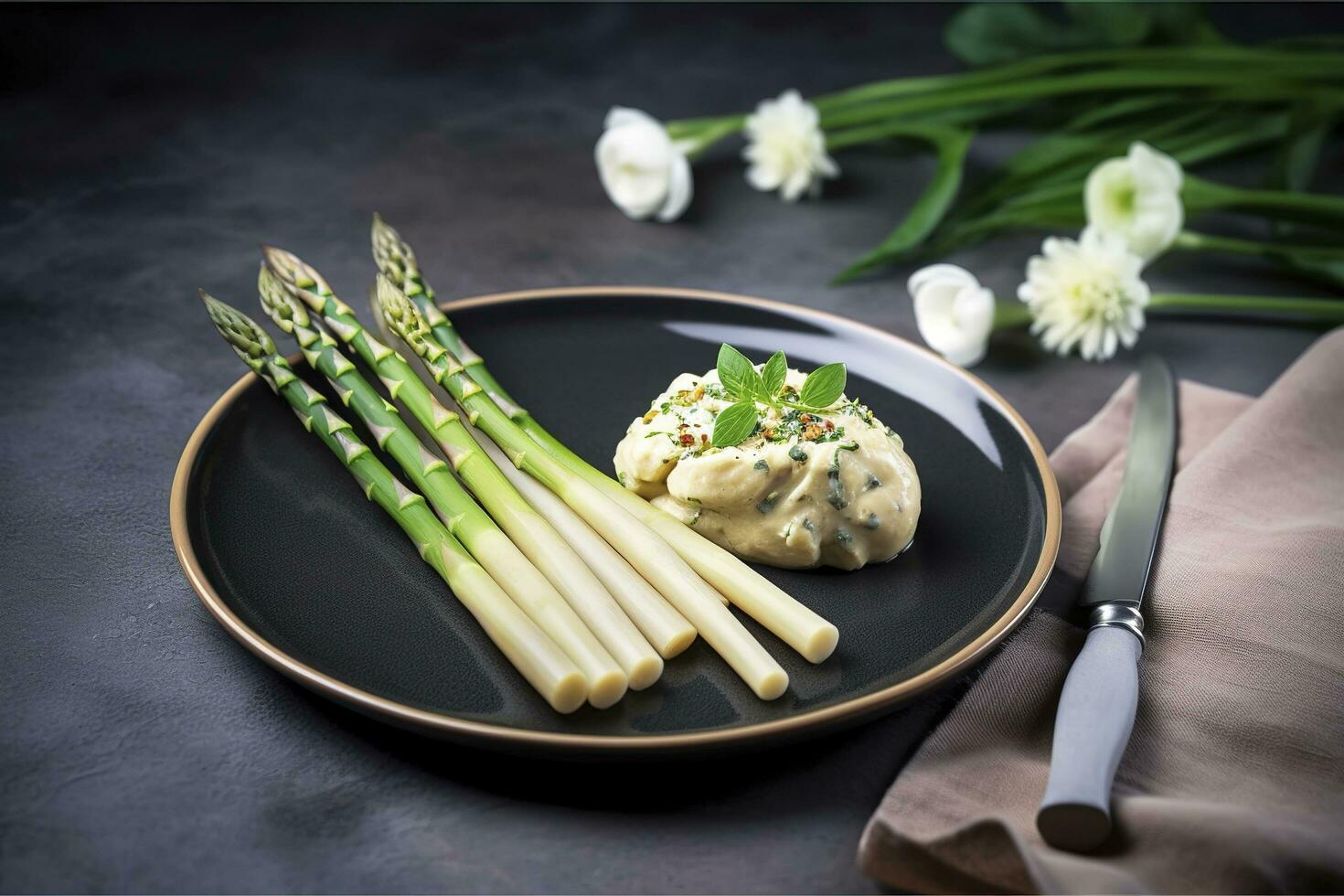 traditionnel bavarois blanc asperges servi avec sauvage Ail et amande beurre fermer sur une nordique conception assiette avec copie espace, produire ai photo