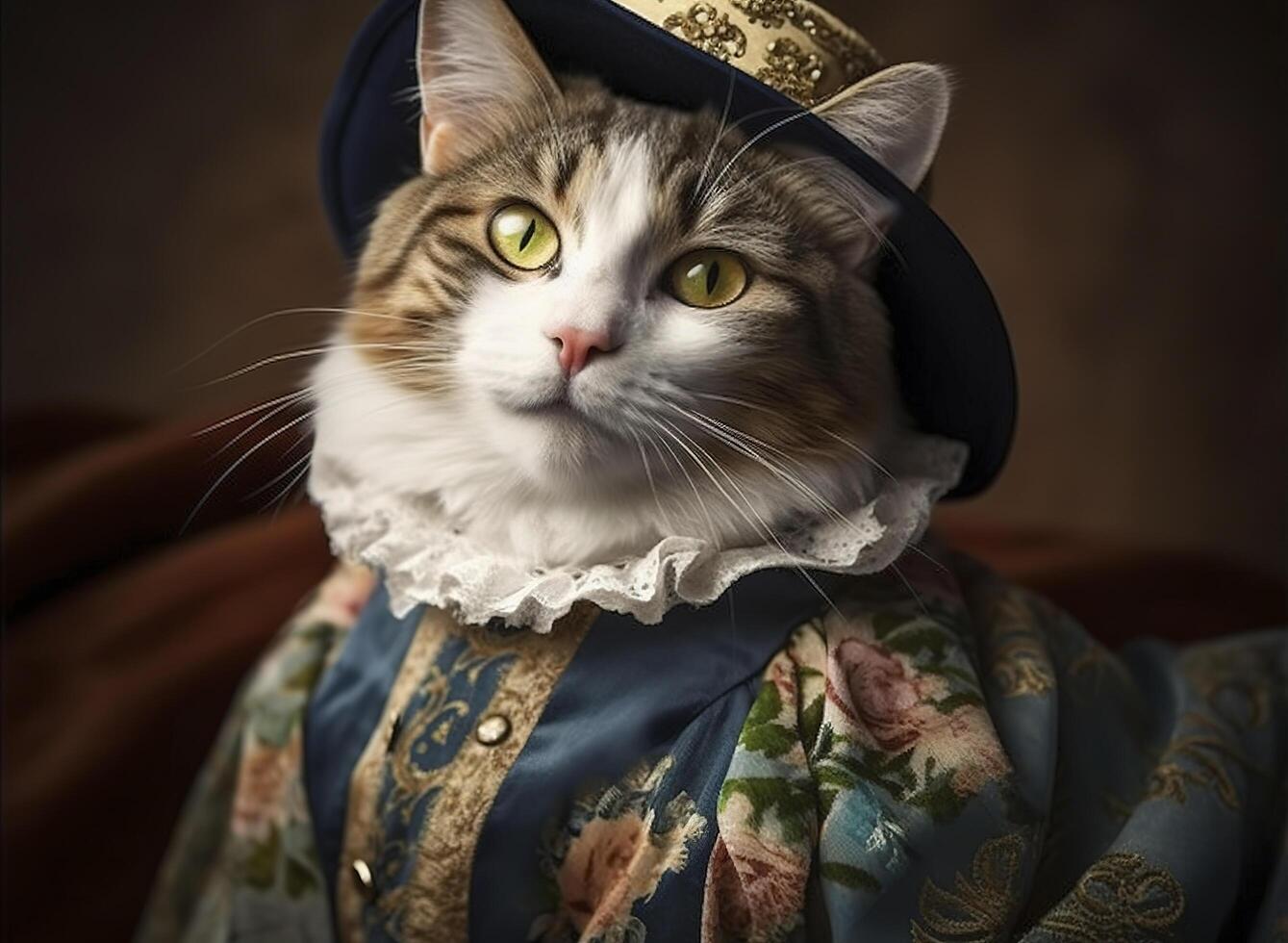 chat habillé dans ancien vêtements dans victorien style, portrait dans le style de le 19e siècle, marrant mignonne chat dans Humain vêtements. ai généré image. photo
