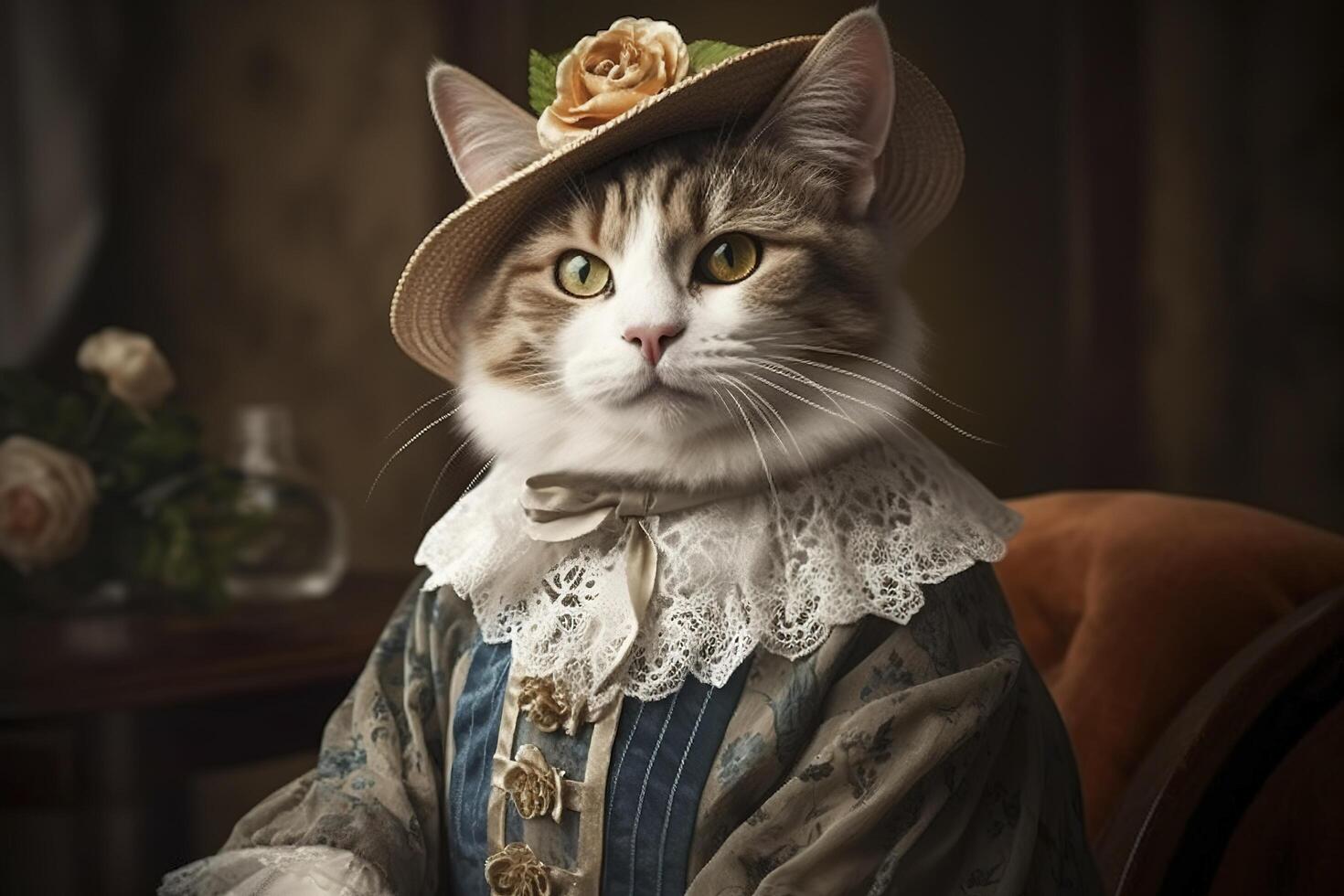 chat habillé dans ancien vêtements dans victorien style, portrait dans le style de le 19e siècle, marrant mignonne chat dans Humain vêtements. ai généré image. photo