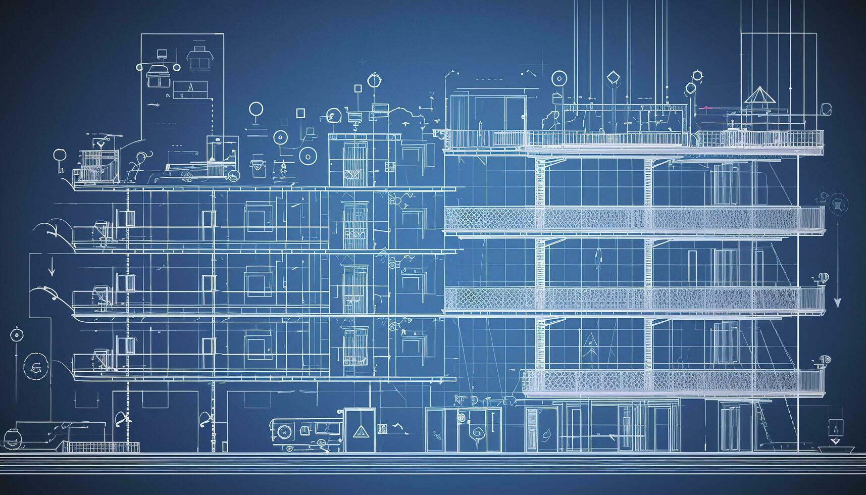 bâtiment conception concept. ingénierie de le autonome système de une intelligent bâtiment. rédaction de les communications de maison. projet développement de appartement maison. architectural dessin, produire ai photo