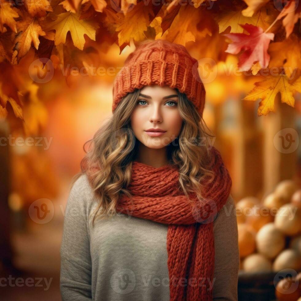 magnifique fille. l'automne Contexte. illustration ai génératif photo