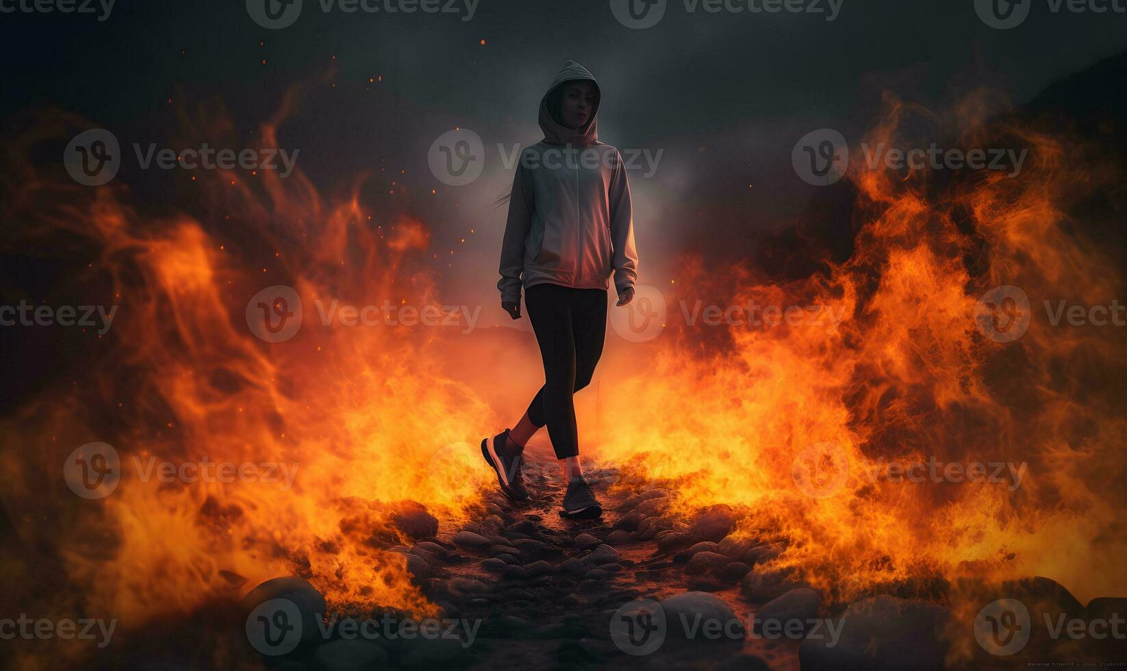 femme en marchant dans le milieu de une brûlant champ ai généré photo