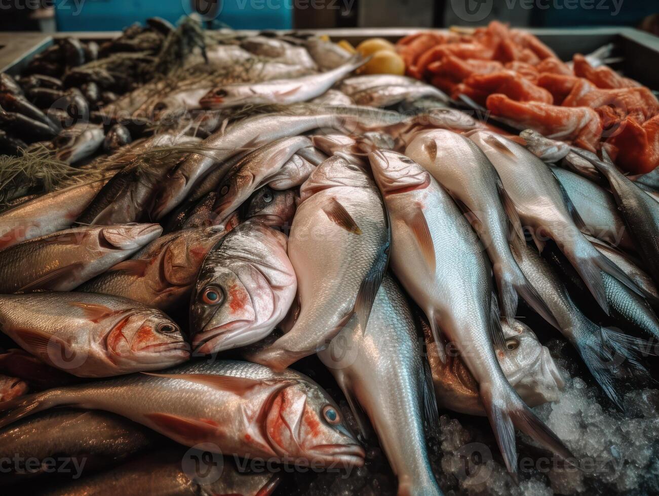 Frais océan poisson et Fruit de mer à le poisson marché proche en haut Haut vue établi avec génératif ai La technologie photo
