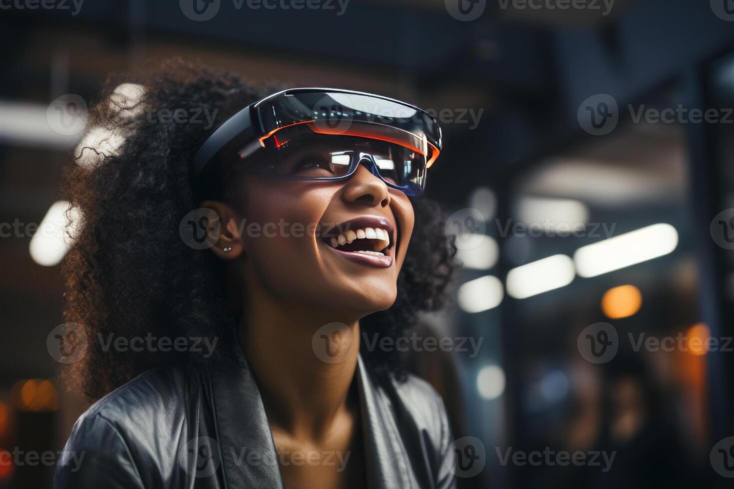 portrait de souriant femme portant virtuel réalité lunettes, flou Bureau Contexte. ai généré photo