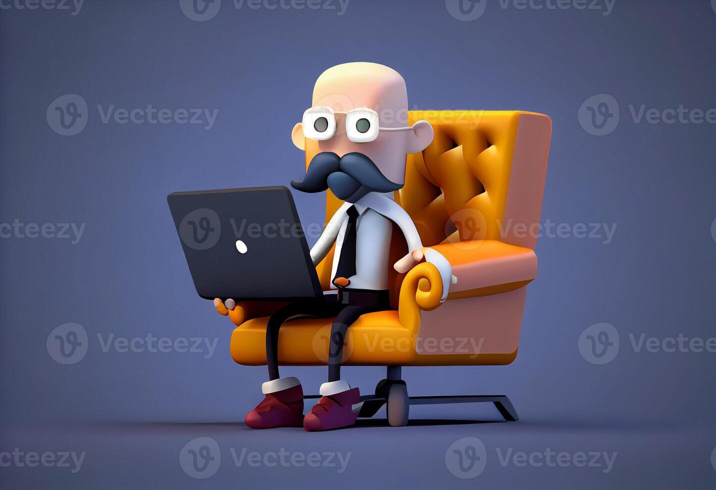 dessin animé personnage homme d'affaire séance dans une chaise avec portable. 3d illustration. ai généré. photo