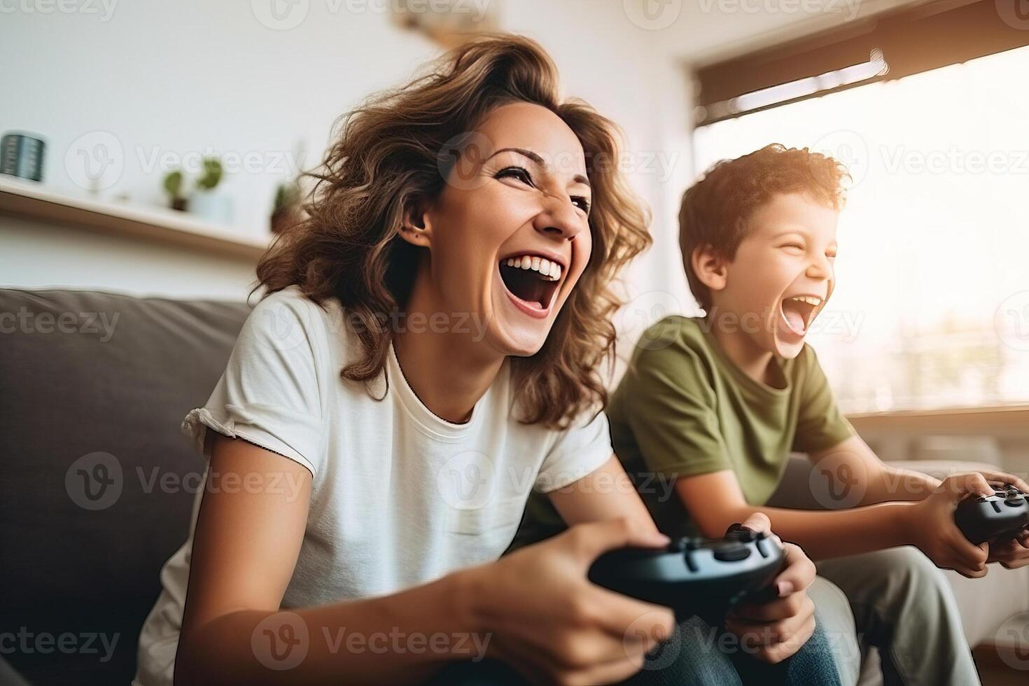 mère et fils rire et jouer vidéo Jeux ensemble. ai généré photo